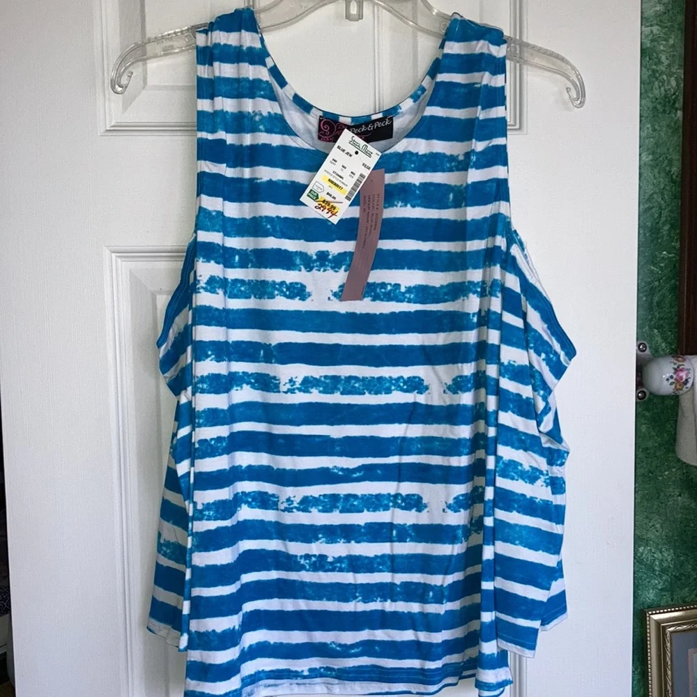 NWT PECK & PECK wh w/ turq. horizontal stripe cold- shoulder top, $20 - Picture 3 of 6